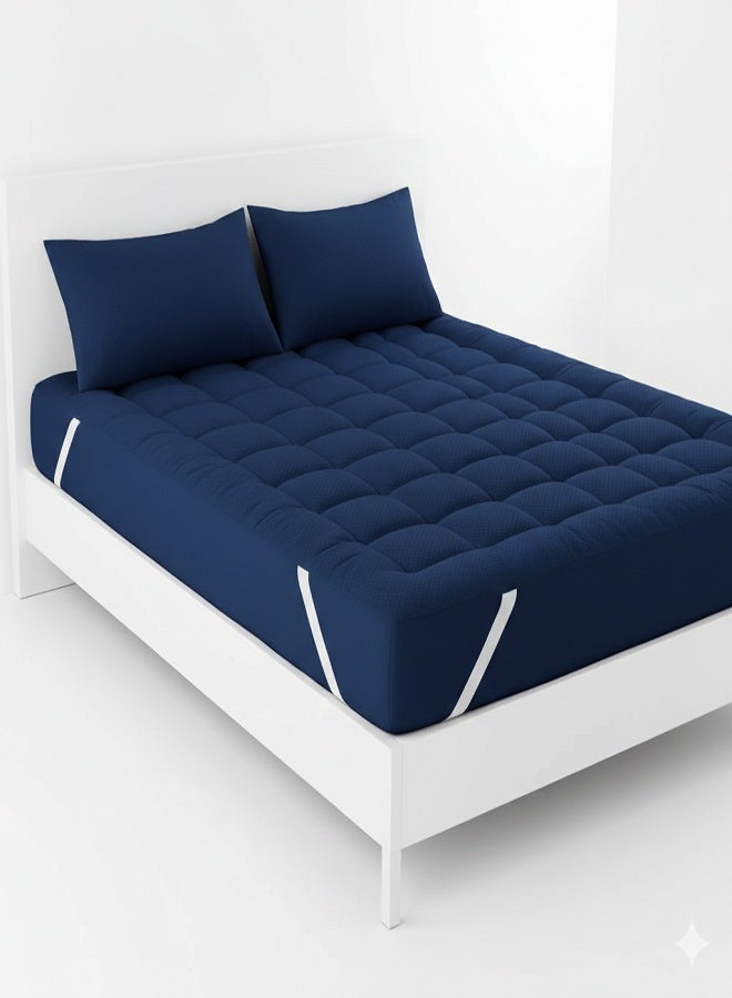 Luxury Microfiber Mattress Topper 5CM Thick Breathable Quilted Bed Mattress Pad with 4-Sided Elastic Bands Twin 100x200 cm Navy Blue